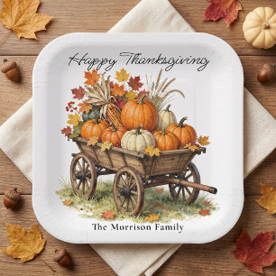 Rustic Watercolor Pumpkin Wagon Thanksgiving Paper Plate