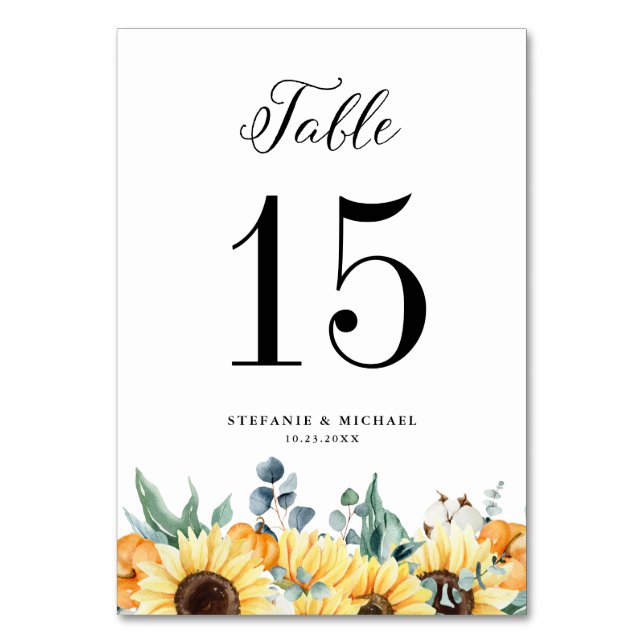 Rustic Watercolor Pumpkins and Sunflowers Wedding Table Number (Front)