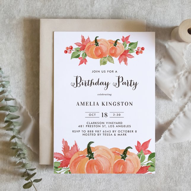 Rustic Watercolor Pumpkins Fall Birthday Party Invitation (Creator Uploaded)