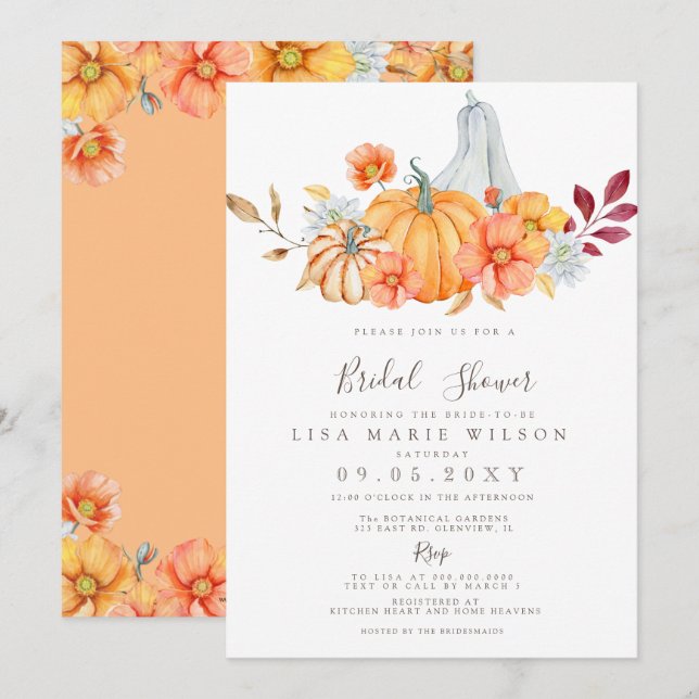 Rustic Watercolor Pumpkins Fall Bridal Shower Invitation (Front/Back)