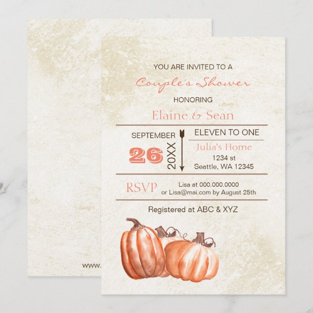 Rustic watercolor pumpkins Fall Bridal Shower Invitation (Front/Back)