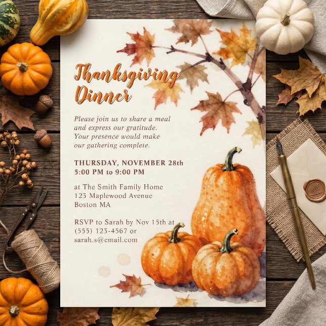 Rustic Watercolor Pumpkins Fall Thanksgiving  Invitation (Creator Uploaded)