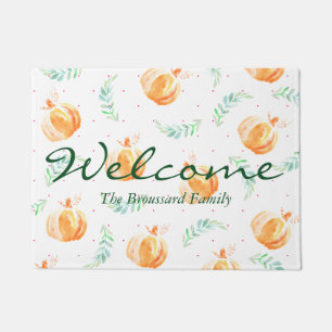 Rustic Watercolor Pumpkins & Laurels Family Name Doormat