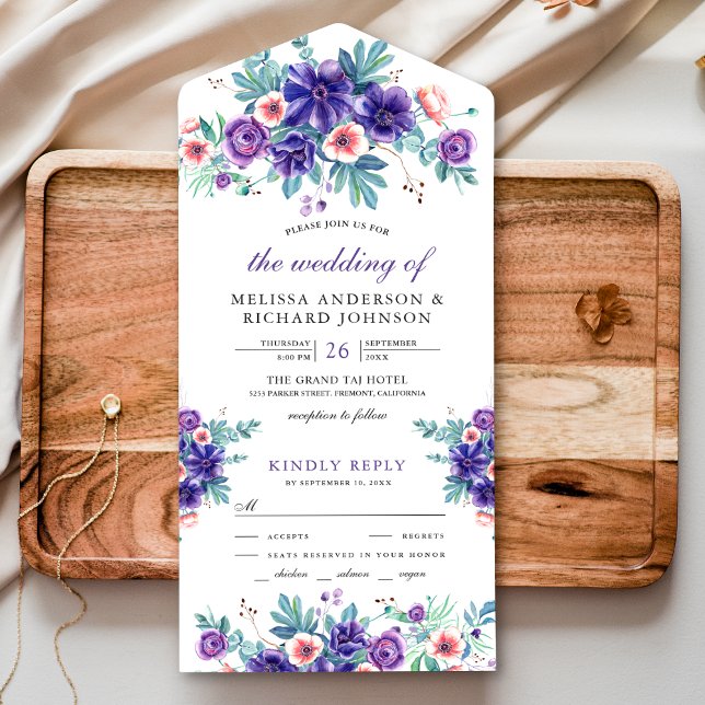 Rustic Watercolor Purple Anemones Wedding All In One Invitation (Creator Uploaded)