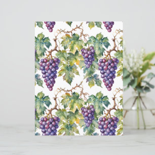 Rustic Watercolor Purple Grapes and Vineyard Paper