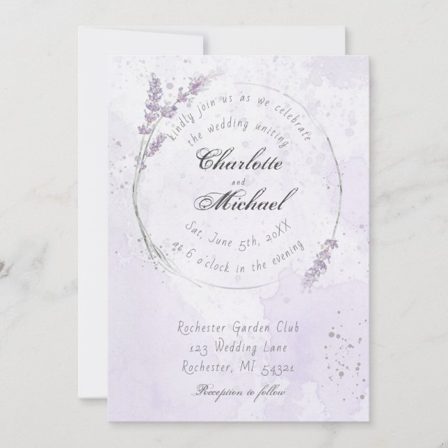 Rustic watercolor purple lavender flower wedding invitation (Front)