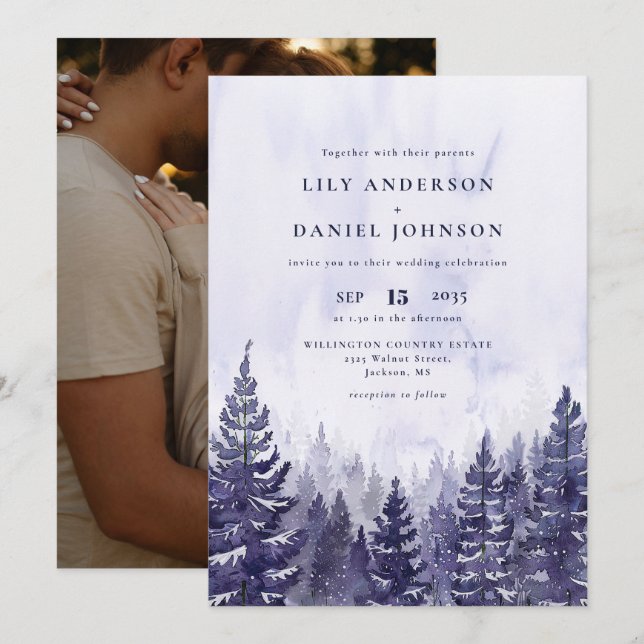 Rustic Watercolor Purple Pine Forest Photo Wedding Invitation (Front/Back)