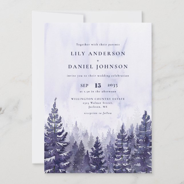 Rustic Watercolor Purple Pine Tree Forest Wedding Invitation (Front)