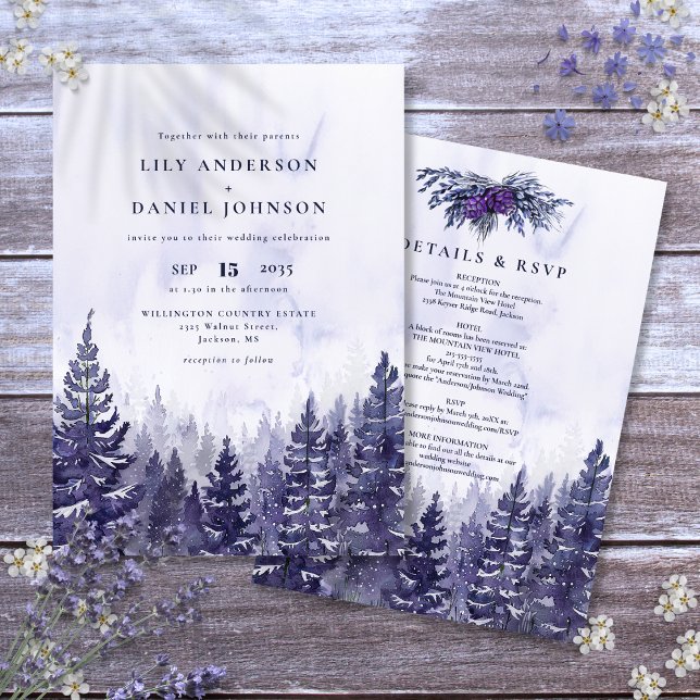 Rustic Watercolor Purple Pine Tree Forest Wedding Invitation (Rustic Watercolor Purple Pine Tree Forest Wedding Invitation)