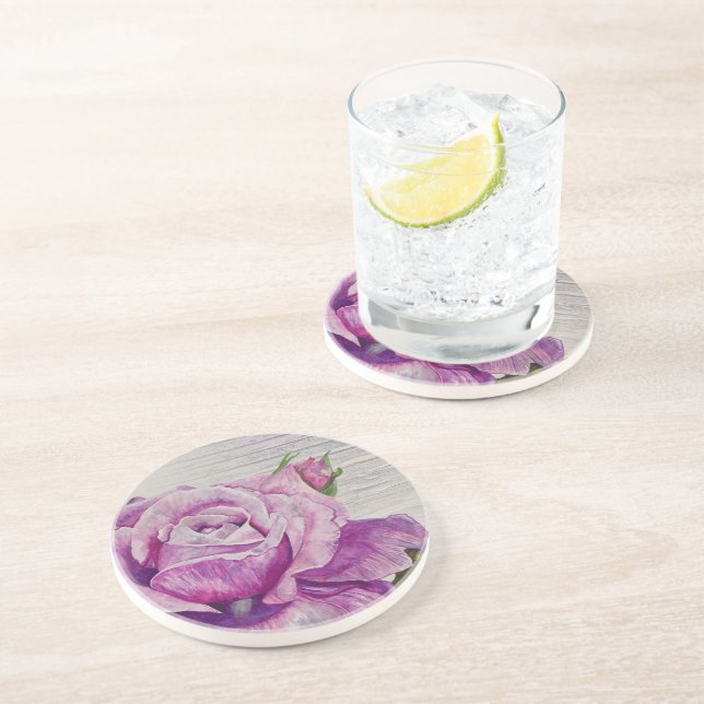 Rustic Watercolor Purple Rose Coaster (Side)