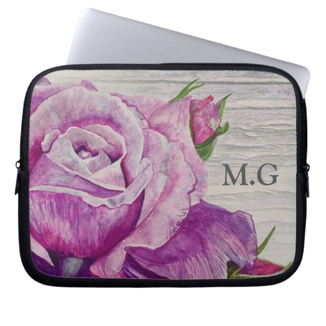 Rustic Watercolor Purple Rose Wood Monogram Laptop Sleeve (Front)