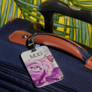 Rustic Watercolor Purple Rose Wood Monogram Luggage Tag