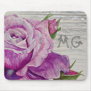 Rustic Watercolor Purple Rose Wood Monogram Mouse Mat