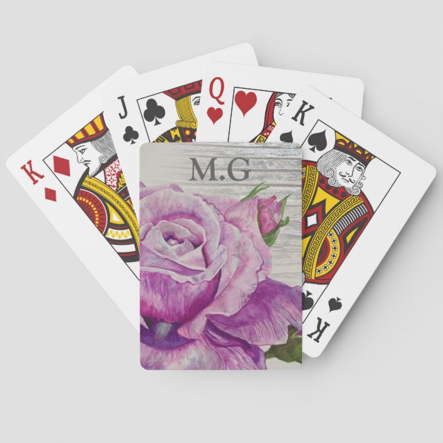 Rustic Watercolor Purple Rose Wood Monogram Playing Cards (Back)