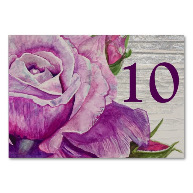 Rustic Watercolor Purple Rose Wood Table Number (Front)