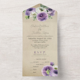 Rustic Watercolor Purple & White Ranunculus All In One Invitation