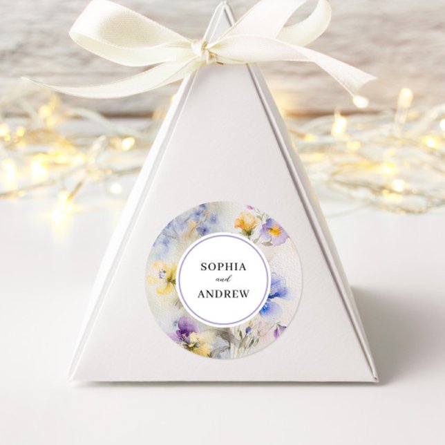 Rustic Watercolor Purple & Yellow Flowers Wedding  Classic Round Sticker (Creator Uploaded)