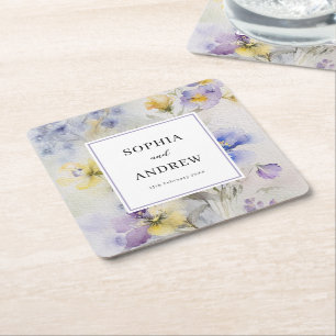 Rustic Watercolor Purple & Yellow Flowers Wedding Square Paper Coaster