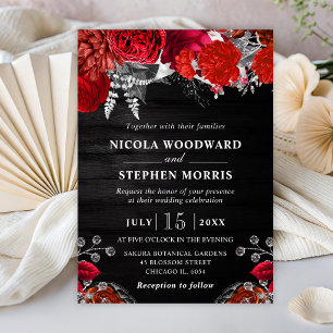 Rustic Watercolor Red and Silver Flowers Wedding Invitation
