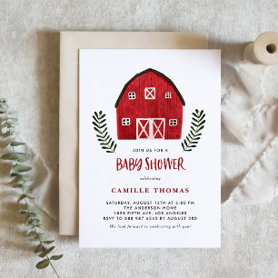 Rustic Watercolor Red Barn Baby Shower QR Code Invitation
