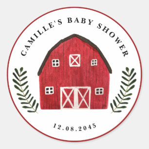 Rustic Watercolor Red Barn Farmhouse Baby Shower Classic Round Sticker