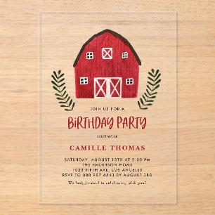 Rustic Watercolor Red Barn Farmhouse Birthday Acrylic Invitations