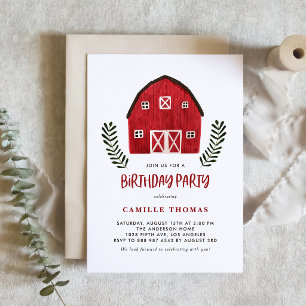 Rustic Watercolor Red Barn Farmhouse Birthday Invitation