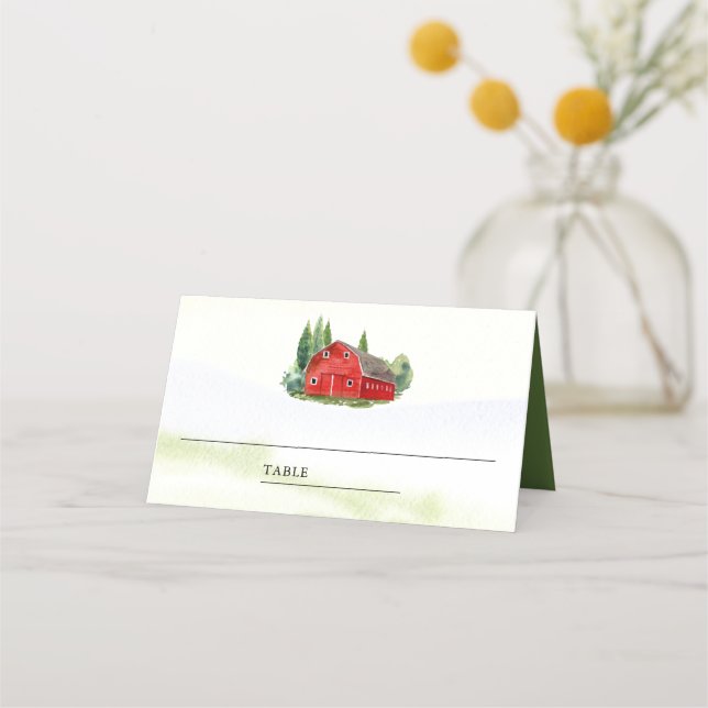 Rustic Watercolor Red Barn Rural Farm Wedding Place Card (Front)