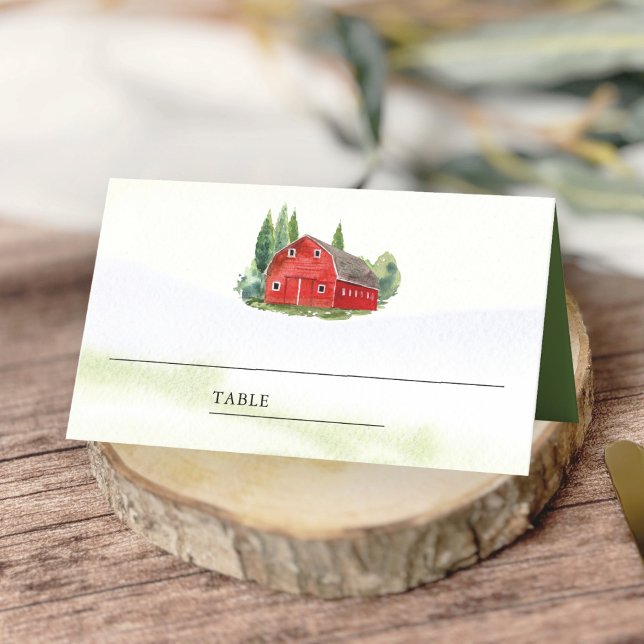 Rustic Watercolor Red Barn Rural Farm Wedding Place Card (Creator Uploaded)