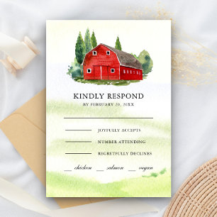 Rustic Watercolor Red Barn Rural Farm Wedding RSVP Card