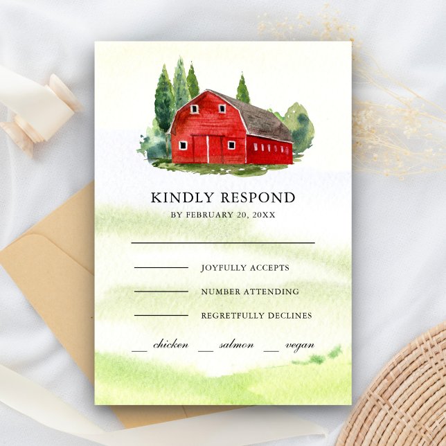 Rustic Watercolor Red Barn Rural Farm Wedding RSVP Card (Creator Uploaded)