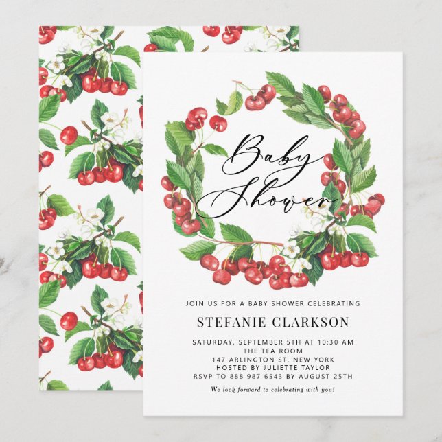 Rustic Watercolor Red Cherries Wreath Baby Shower Invitation (Front/Back)