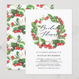 Rustic Watercolor Red Cherry Wreath Bridal Shower Invitation