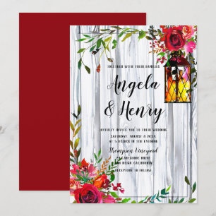 Rustic Watercolor Red Florals and Lantern Wedding Invitation