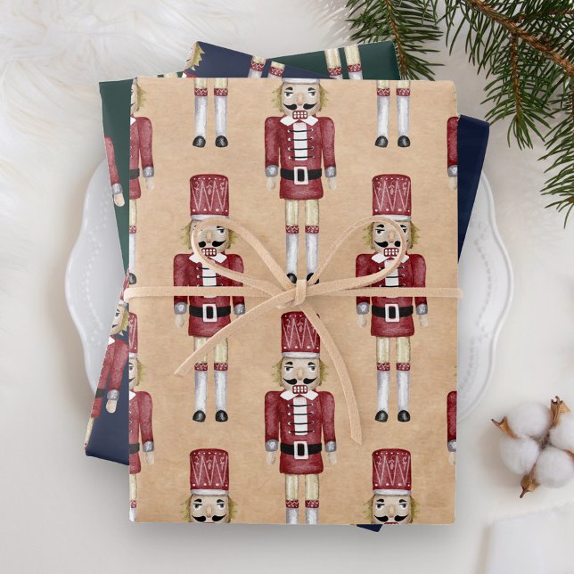 Rustic Watercolor Red Nutcracker Pattern Christmas Wrapping Paper Sheet (Creator Uploaded)
