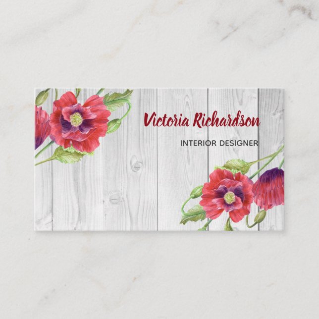 Rustic Watercolor Red Poppies Floral Design Business Card (Front)