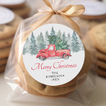 Rustic Watercolor Red Truck Christmas Holidays Classic Round Sticker<br><div class="desc">Rustic christmas winter theme stickers featuring a simple white background,  watercolor spruce trees,  a vintage red truck,  a xmas tree,  season greetings,  name,  and date.</div>
