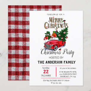 Rustic Watercolor Red Truck Christmas Invitation