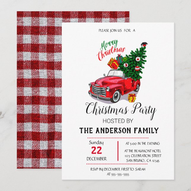 Rustic Watercolor Red Truck Christmas Invitation (Front/Back)