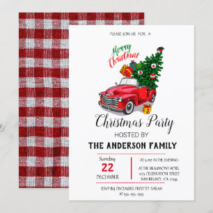 Rustic Watercolor Red Truck Christmas Invitation