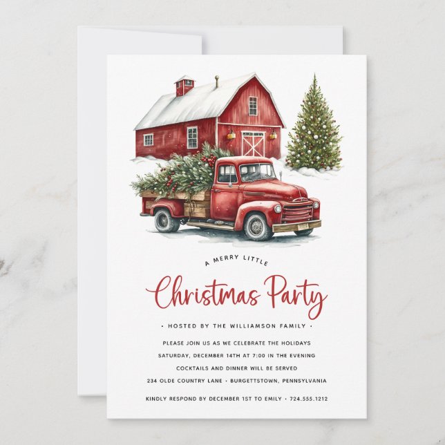 Rustic Watercolor Red Truck Christmas Party  Invitation (Front)