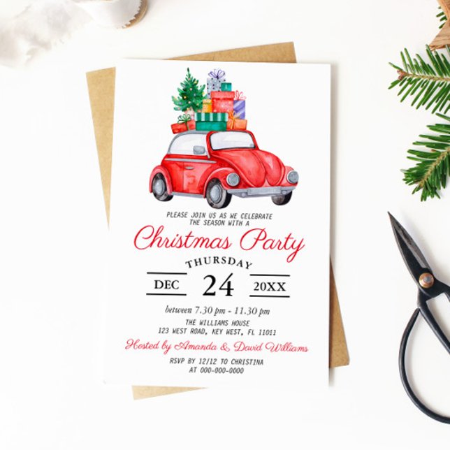 Rustic Watercolor Red Truck Christmas Party Invitation (Creator Uploaded)
