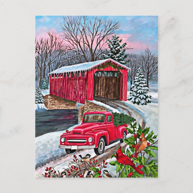 Rustic Watercolor Red Truck Christmas Postcard (Front)