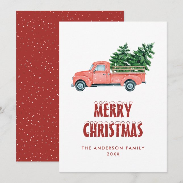 Rustic Watercolor Red Truck Merry Christmas Card (Front/Back)