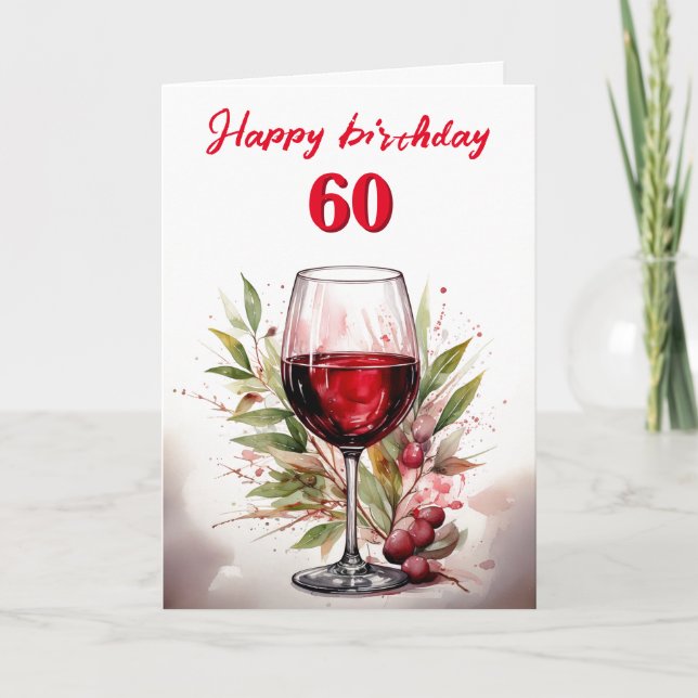 Rustic Watercolor Red Wine Glass 60th Birthday Card (Front)