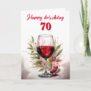 Rustic Watercolor Red Wine Glass 70th Birthday Card