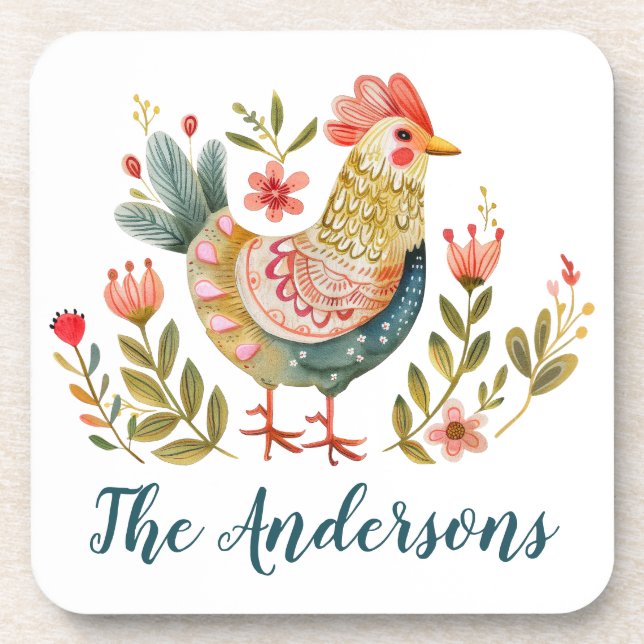 Rustic Watercolor Rooster Kitchen Decor Coaster (Front)