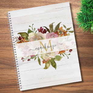 Rustic Watercolor Rose Bouquet Monogram Notebook