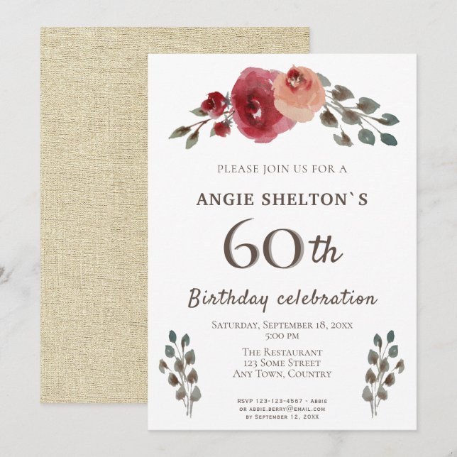 Rustic Watercolor Roses Floral 60th Birthday Party Invitation (Front/Back)
