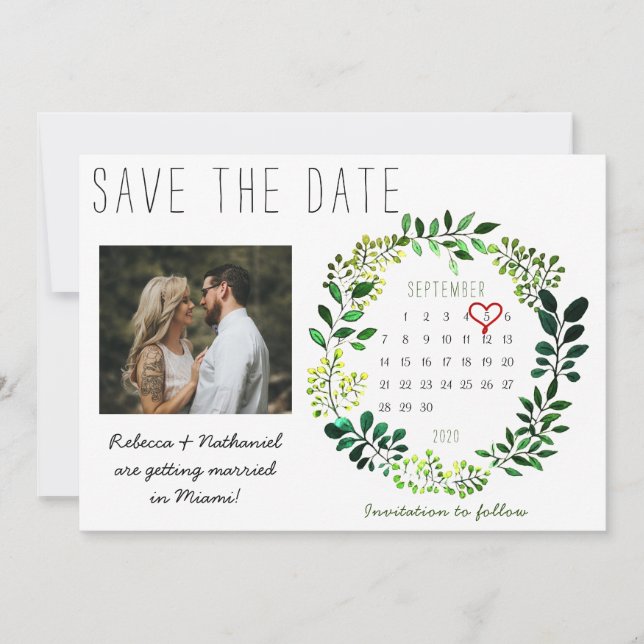 Rustic Watercolor Save the Date Calendar Heart Announcement (Front)
